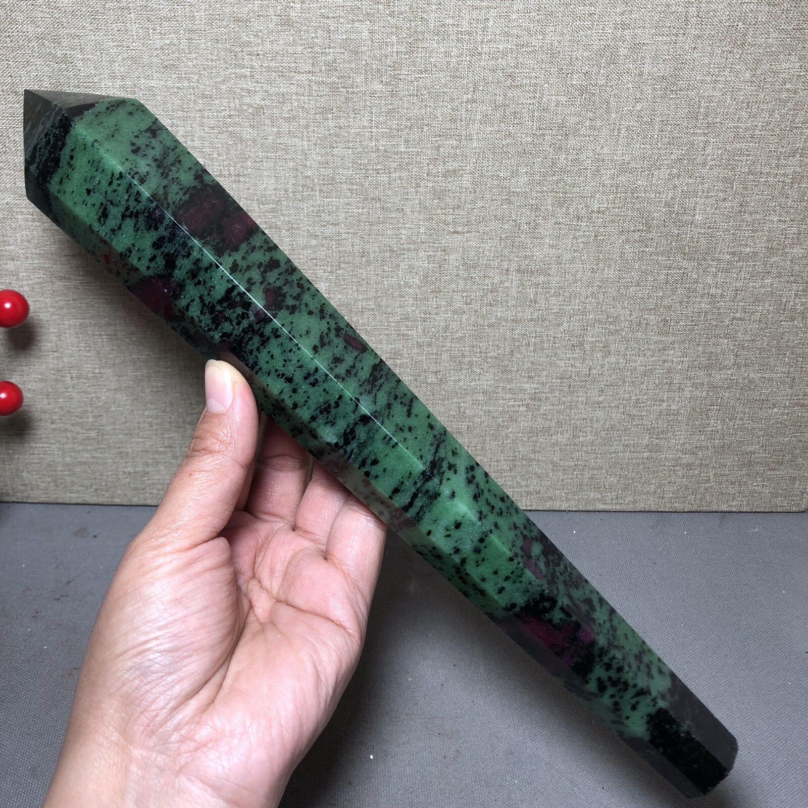 295mm Long Natural red green epidote wand Obelisk Crystal specimens 716g A4537