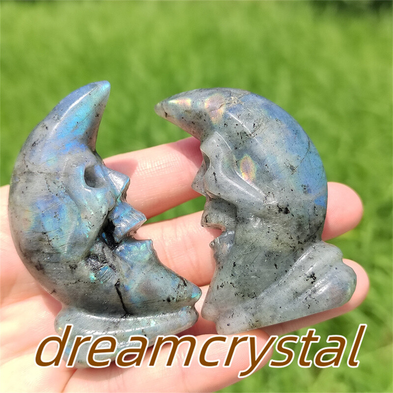 2.2″ Natural Labradorite Skull Carved Quartz Crystal Moon Reiki Sculpture 1pc