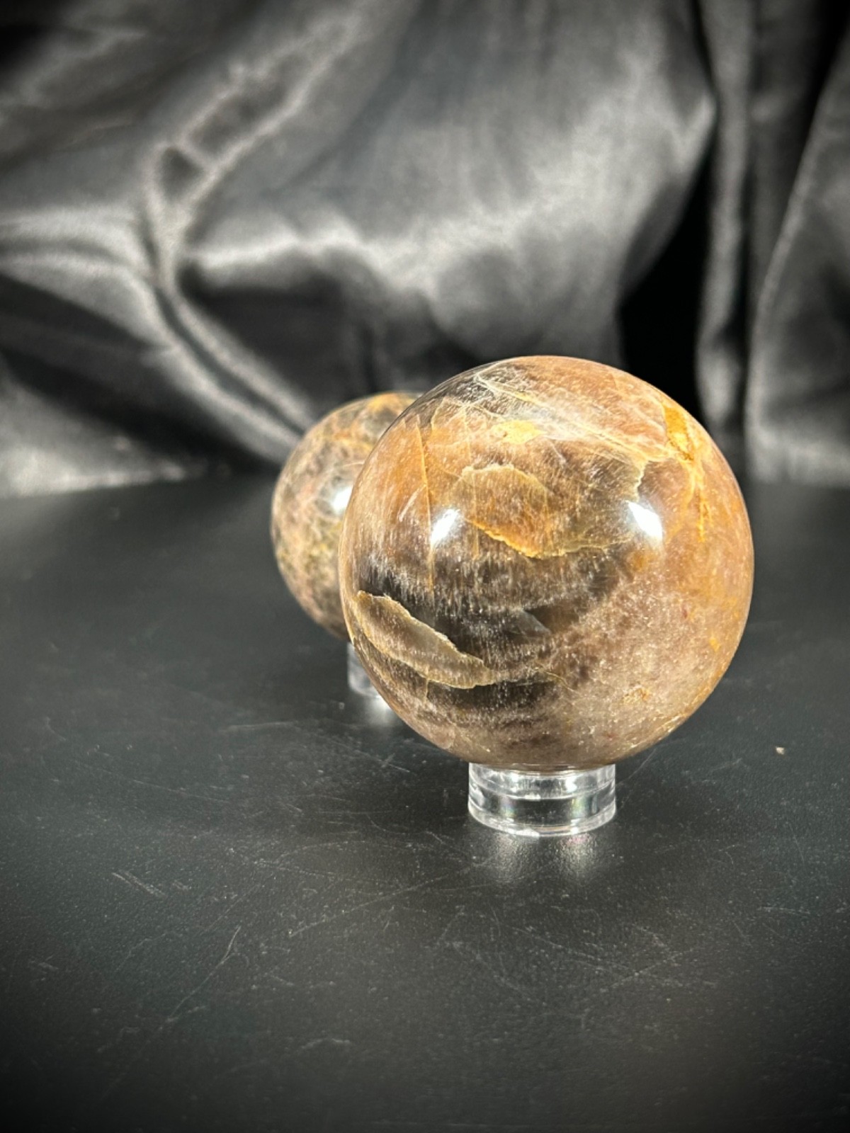 2 Piece Black Moonstone Sphere Bundle With Acrylic Stands 6.6oz (186 grams)