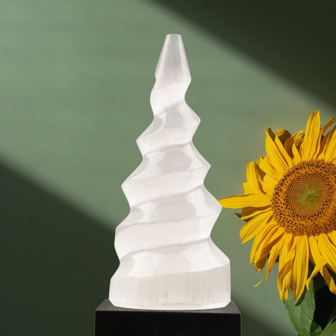 Selenite Tower Spiral 4″, Healing Crystal for Cleansing, Meditation & Protection