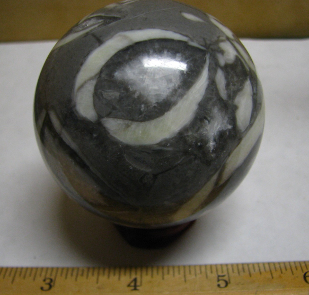 .83lb 2.5inch 1000 EYE JASPER FOSSIL SPHERE W/QUARTZ WOOD STAND MADAGASCAR #087