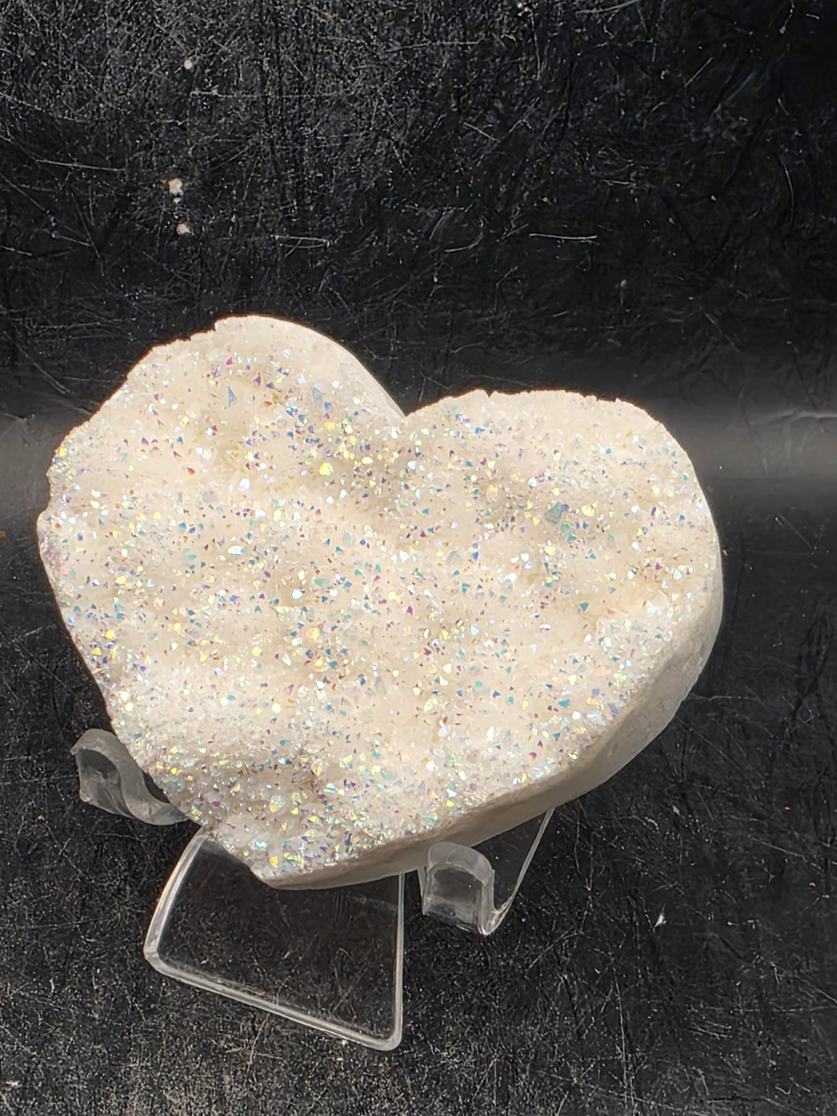 White pearl aura quartz heart! 4 ounces, 2.6 inches wide, 2.2″ tall