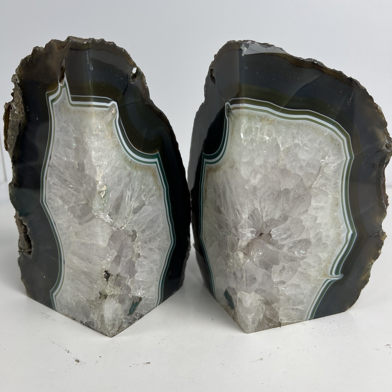 Geode Vibrant Beautiful Brazilian White Green Brown Agate Geode Bookends Rare