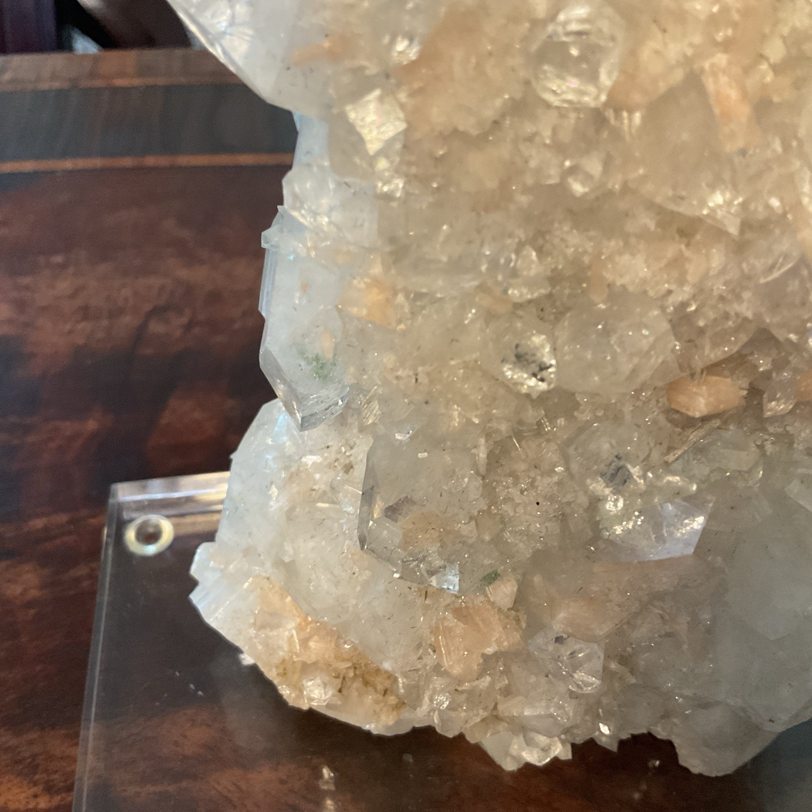 Large Quartz Crystal Cluster w/ White & Peach Minerals Lucite Display 7.5” Tall