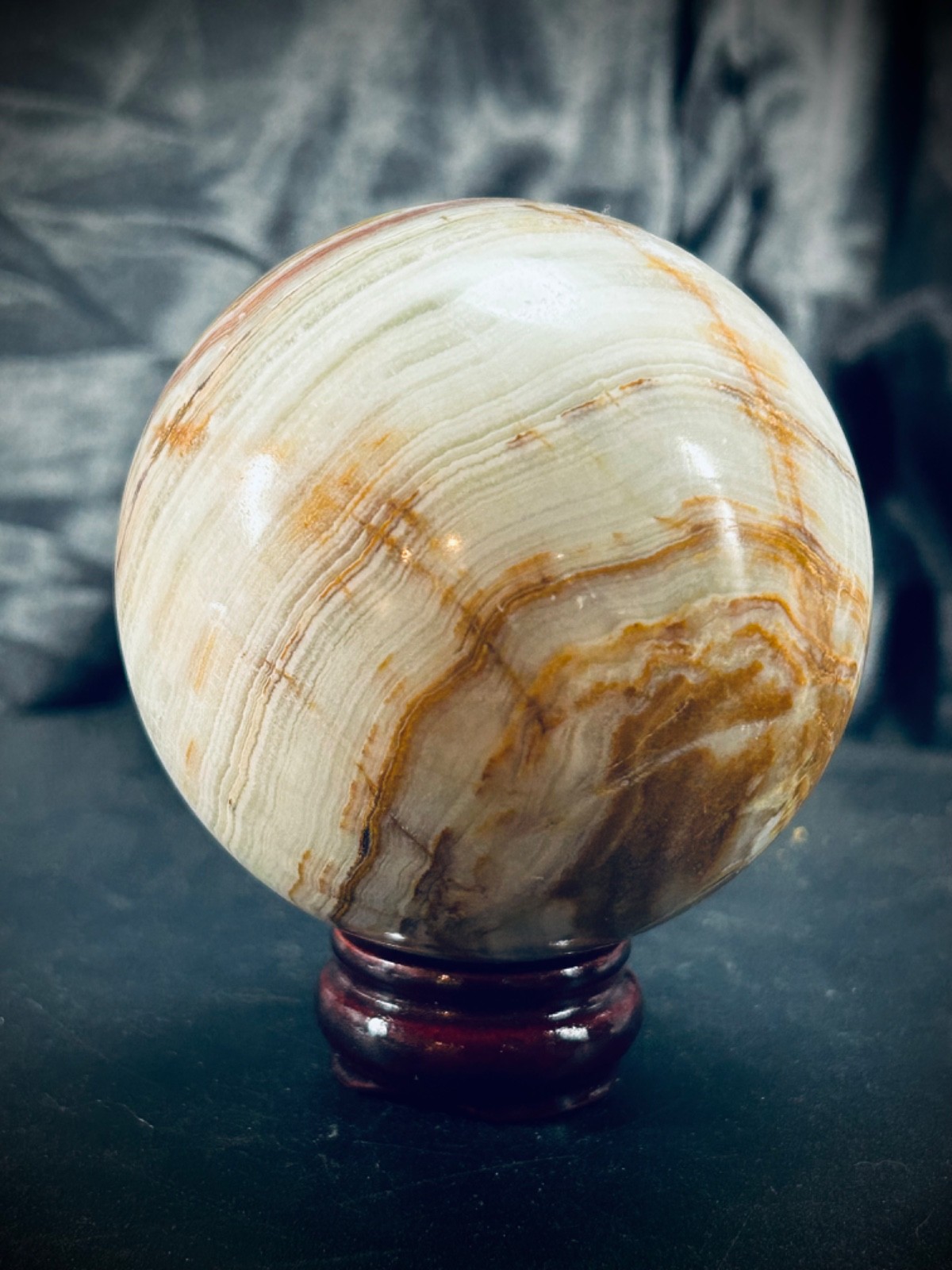 2.95″ Banded Calcite (Green Banded Onyx) Sphere with Wood Stand 1lb 5oz