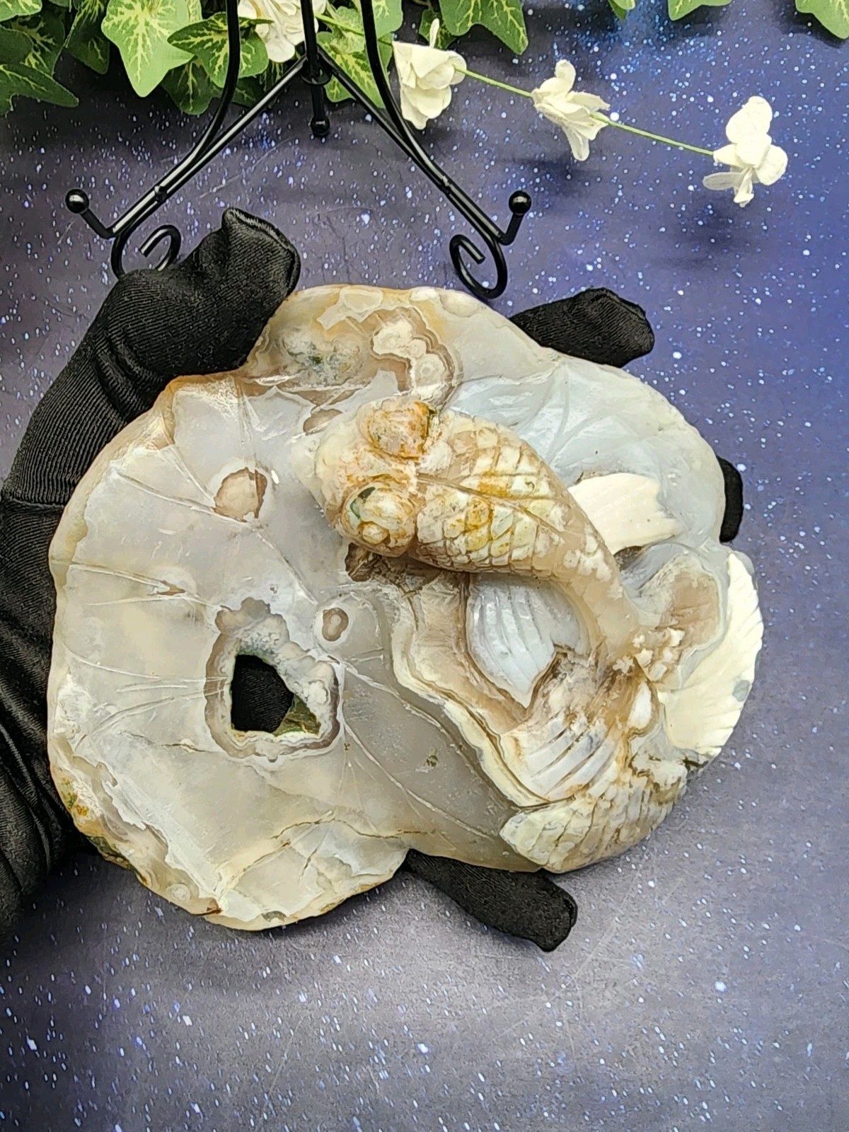 Flower Agate Koi Fish On Lily Pad Carving Unique Handcrafted Crystal Art /Stand