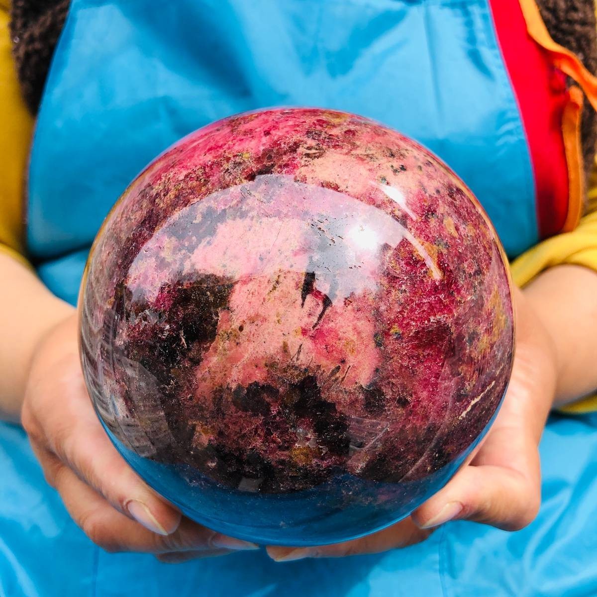 6.6LB Natural Rhodonite Crystal Sphere Pink Black Healing Gem Stone 4802