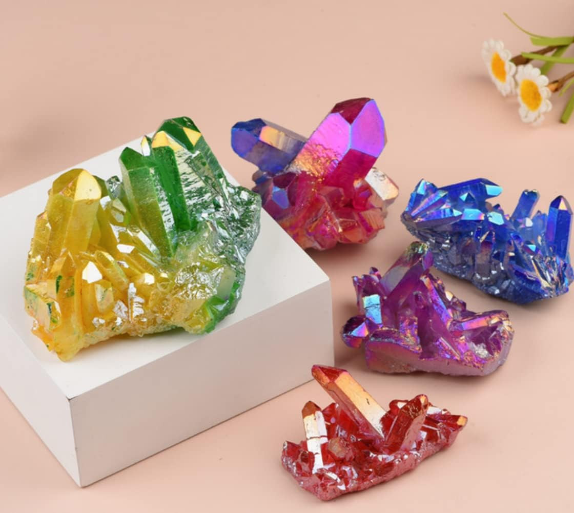 100G Large Natural Rainbow Aura Titanium Quartz Crystal Cluster Rock Healing Irr
