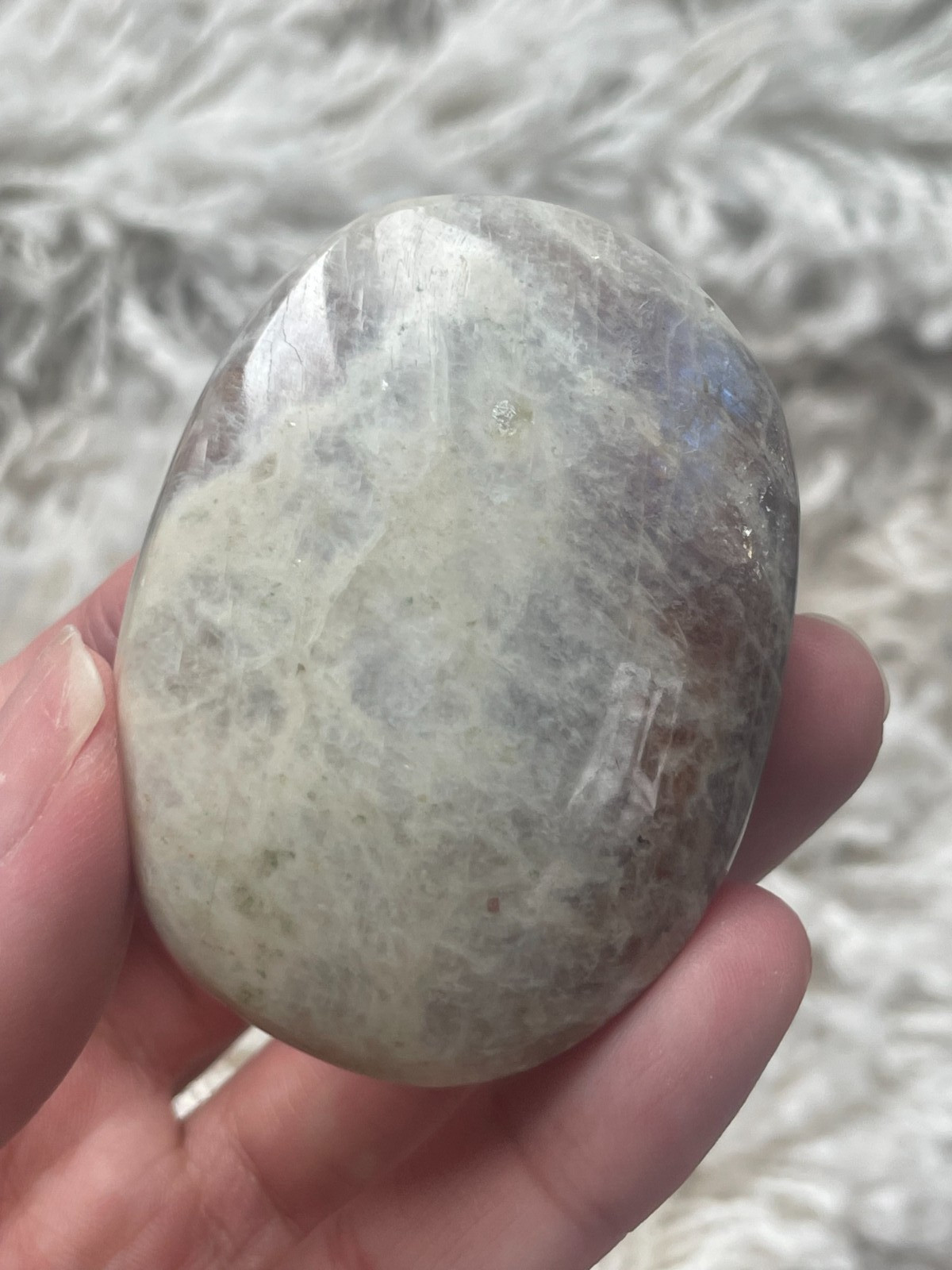 Rainbow Moonstone with Sunstone Palmstone, Medium – Blue & Silver Flashes (MZ)