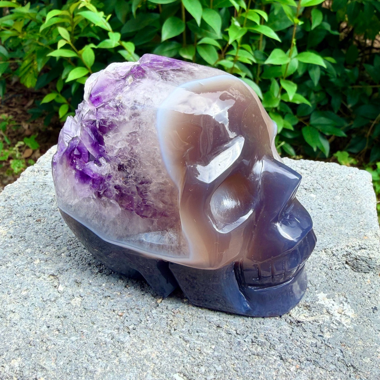1.73lb Amethyst agate crystal cave skull, Rare hand carved skull specimen
