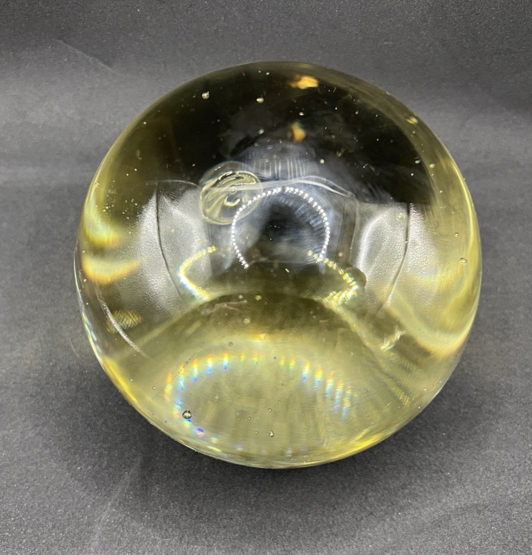 Vintage Clear Orb Crystal Magnifying Ball w Brass Base Stand 7″ tall Bubbles