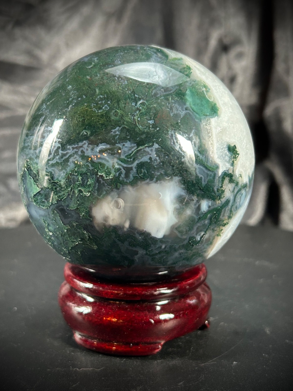 3.25″ Unique Moss Agate And Quartz Sphere With Wood Stand 1lb 10.3oz