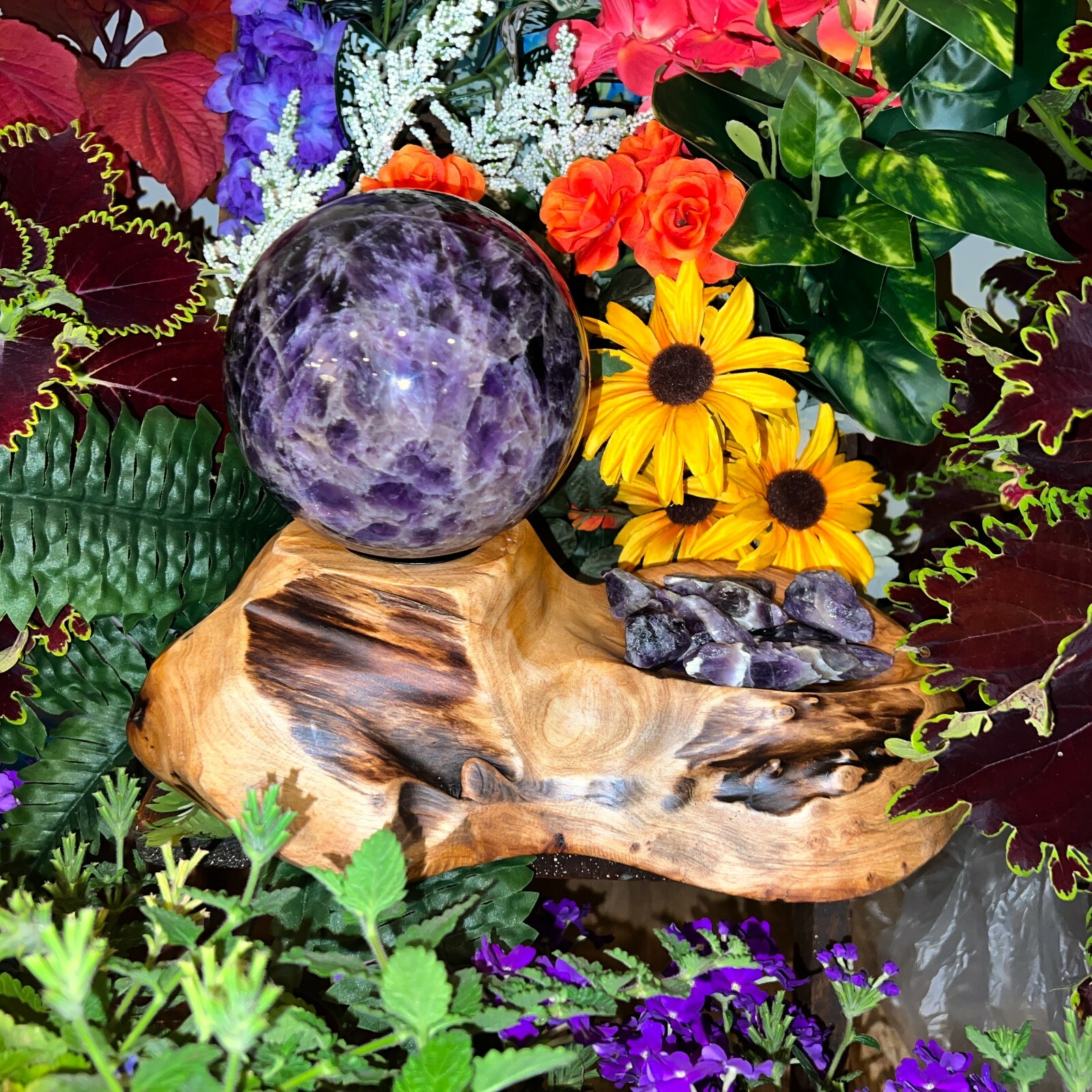 BEAUTIFUL 5+ lbs AURALITE 23 Sphere + Teak Wood Base + 1/2 lb Auralite Rough-A22
