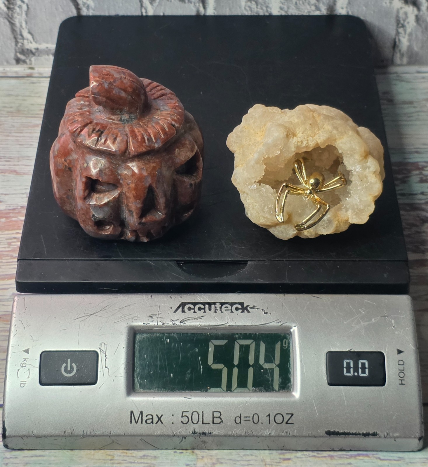 2-Piece Crystal Halloween Set Carved Red Jasper Jack-O’-Lantern & Geode Spider