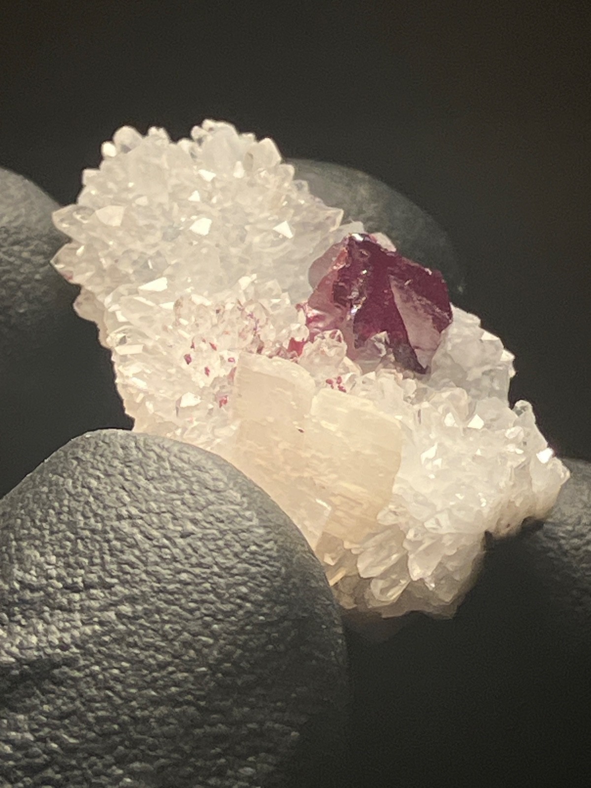 Pristine Cinnabar “drillbit” on Quartz, Calcite Tongren Mine Wanshan dist. China