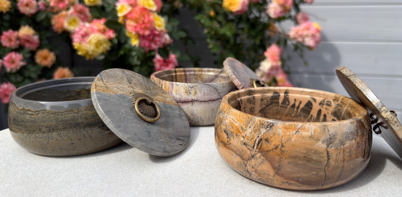 Wholesale Lot 3 Pcs Natural Picture Jasper Bowl With Lid Crystal Healing