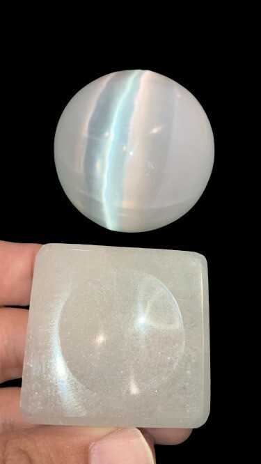 Selenite Crystal Sphere + Stand, LARGE 60 mm (Polished Selenite Crystal Healing)