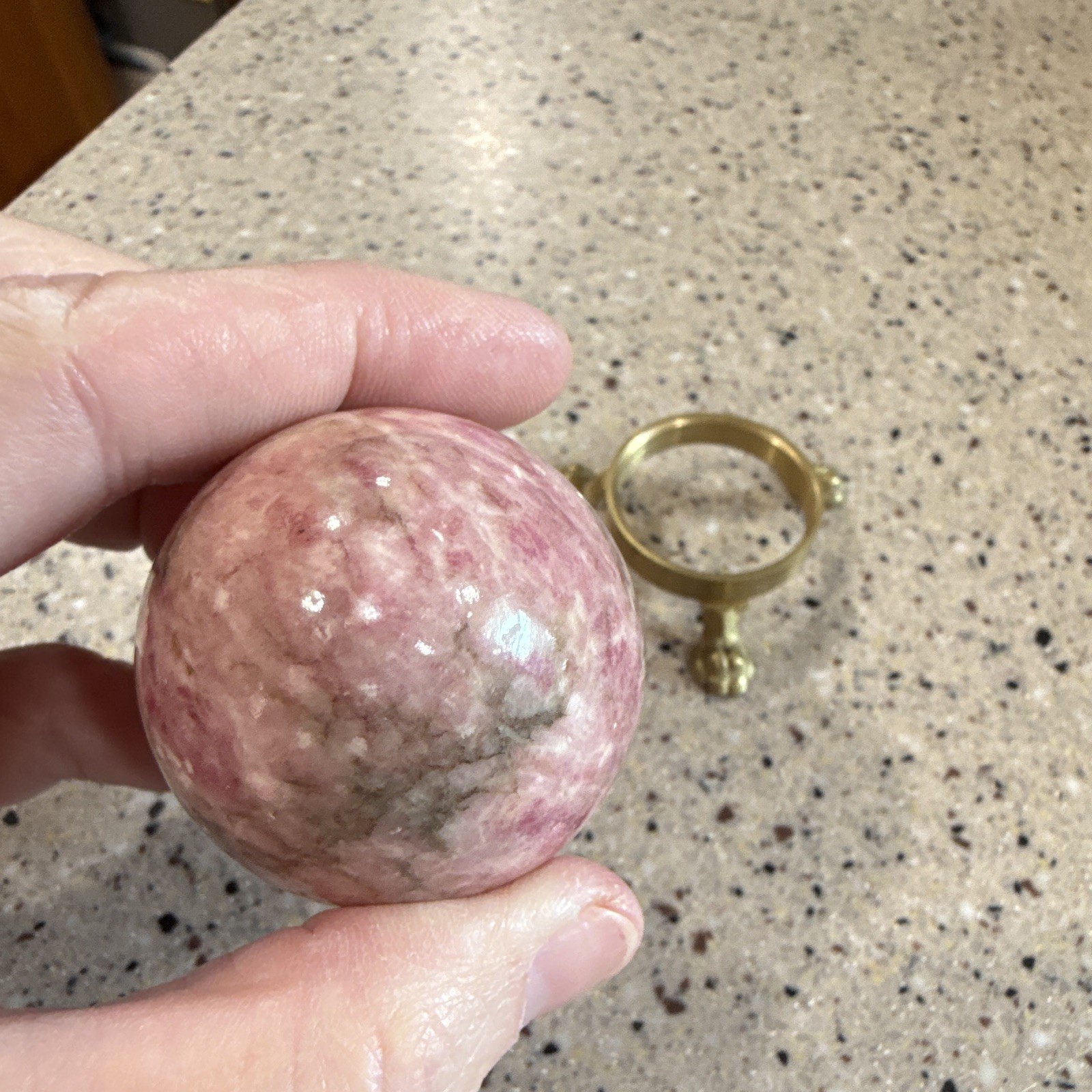Polished Pink Crystal Mineral Egg Display Specimen on Brass Tone Stand