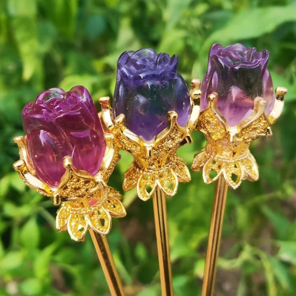 1PC Natural Fluorite Rose Hairpin Carved Quartz Crystal Hair Ornament Heal Reiki