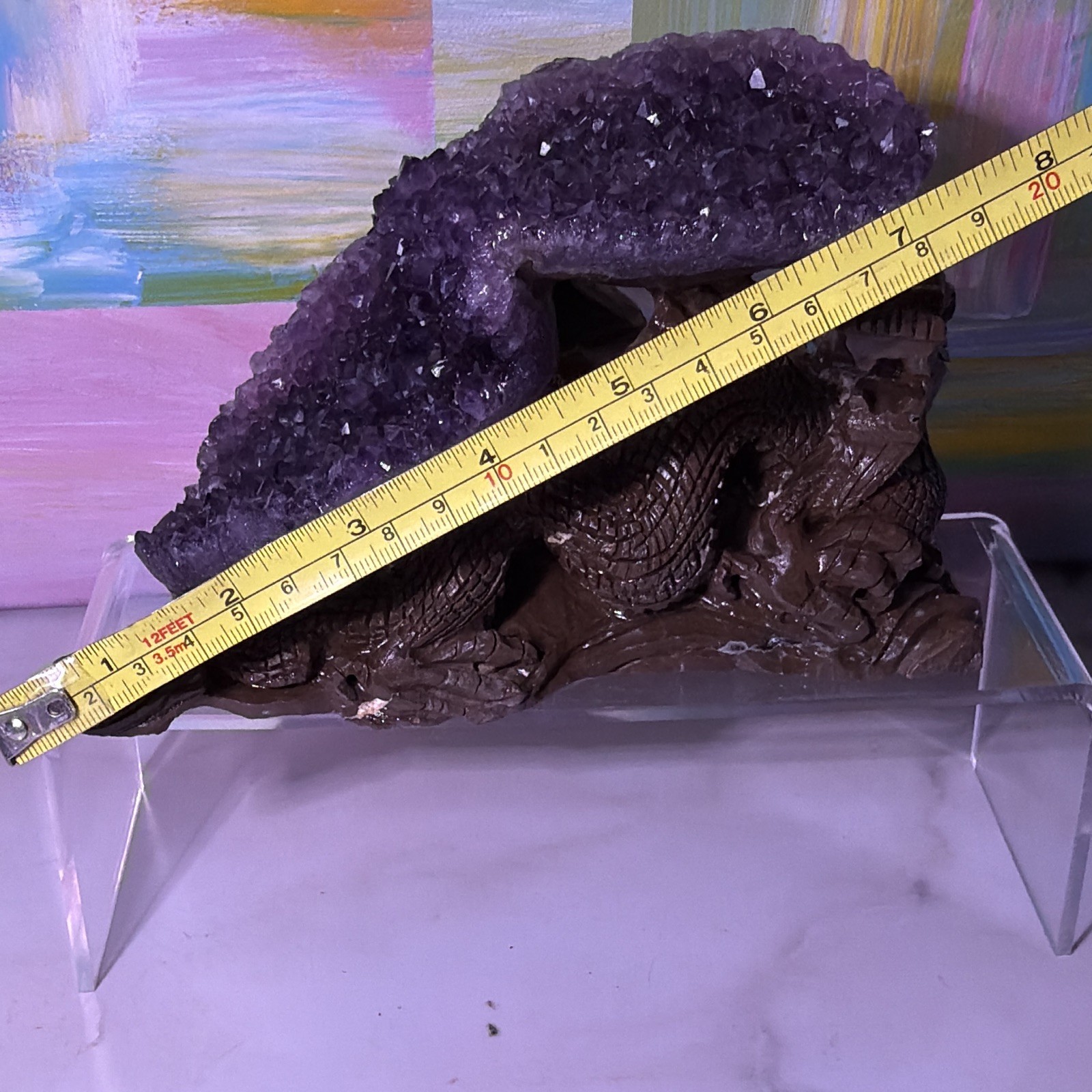 Purple Amethyst Cluster Crystal Mineral Display Specimen on Carved Dragon Stand
