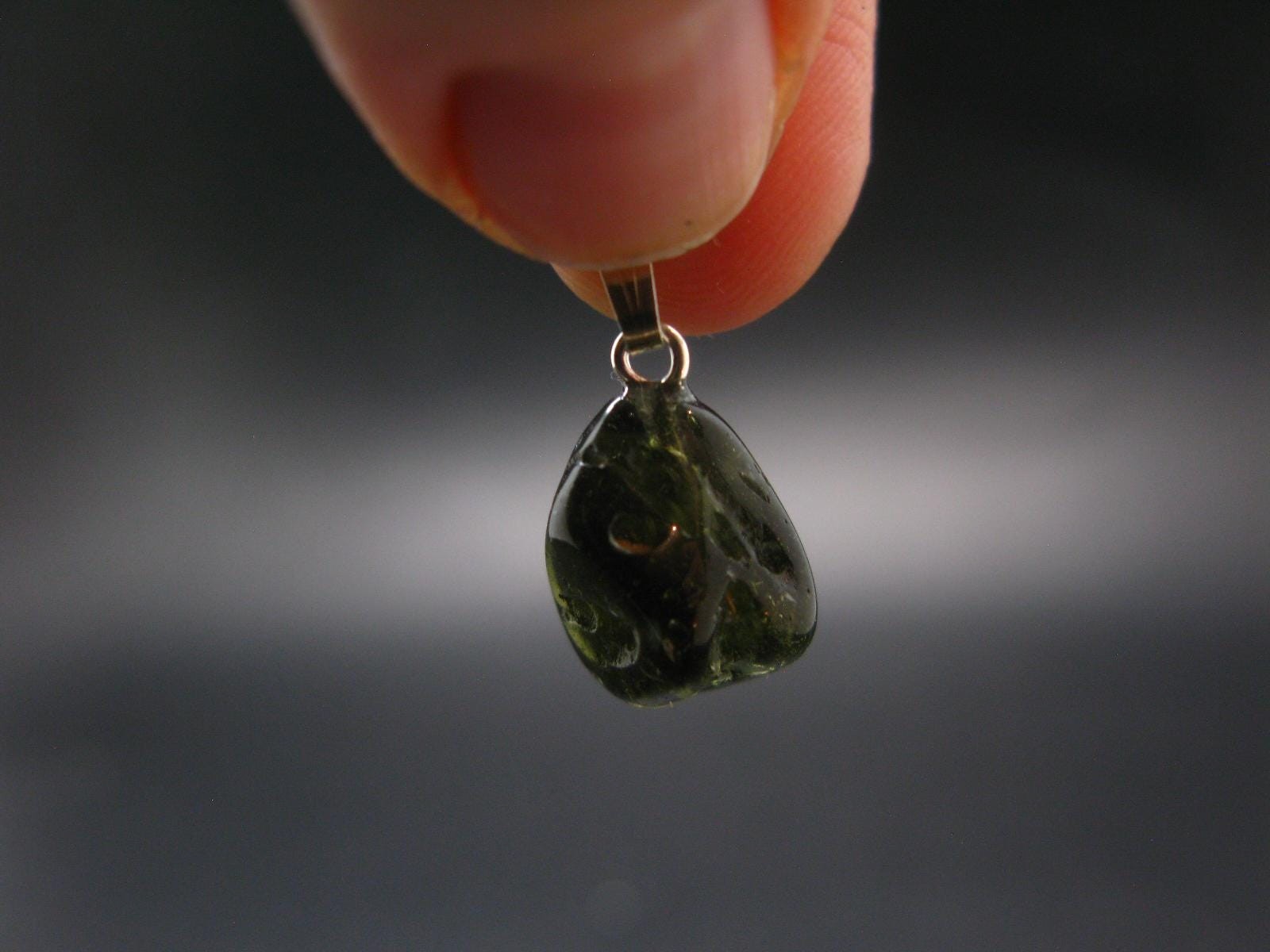 Gem Moldavite Tektite SS Pendant From Czech Republic – 0.8″ – 1.5 Grams