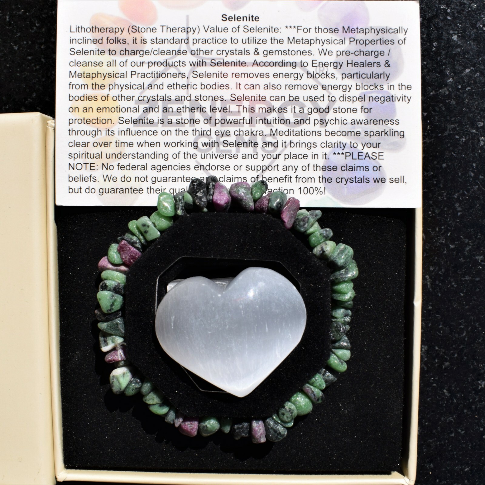 Premium Natural Ruby Zoisite Crystal Chip Stretchy Bracelet + Selenite Heart