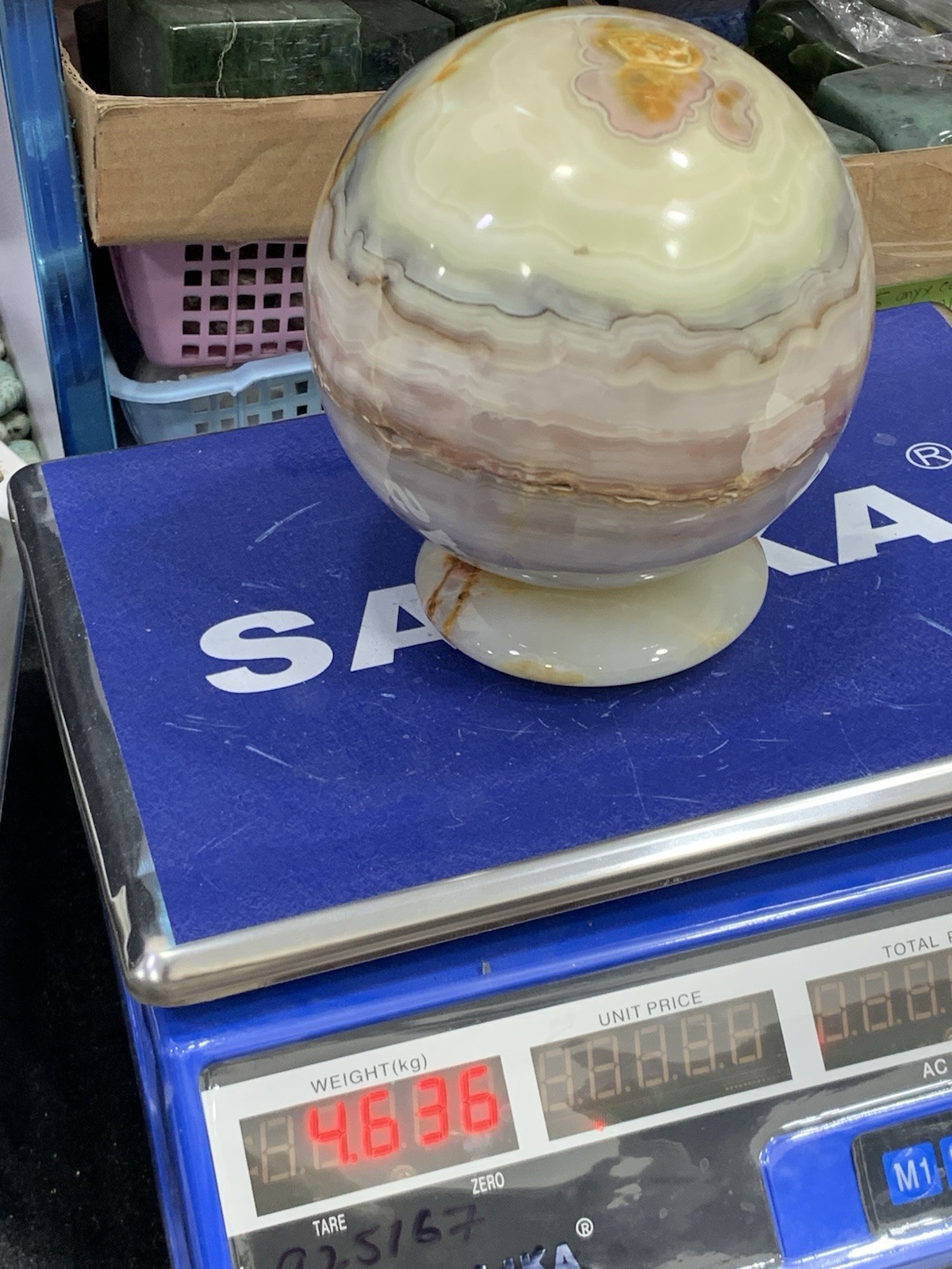 Large 95mm Green Banded Onyx Sphere 4.636kg Calcite Crystal Orb Specimen Stand