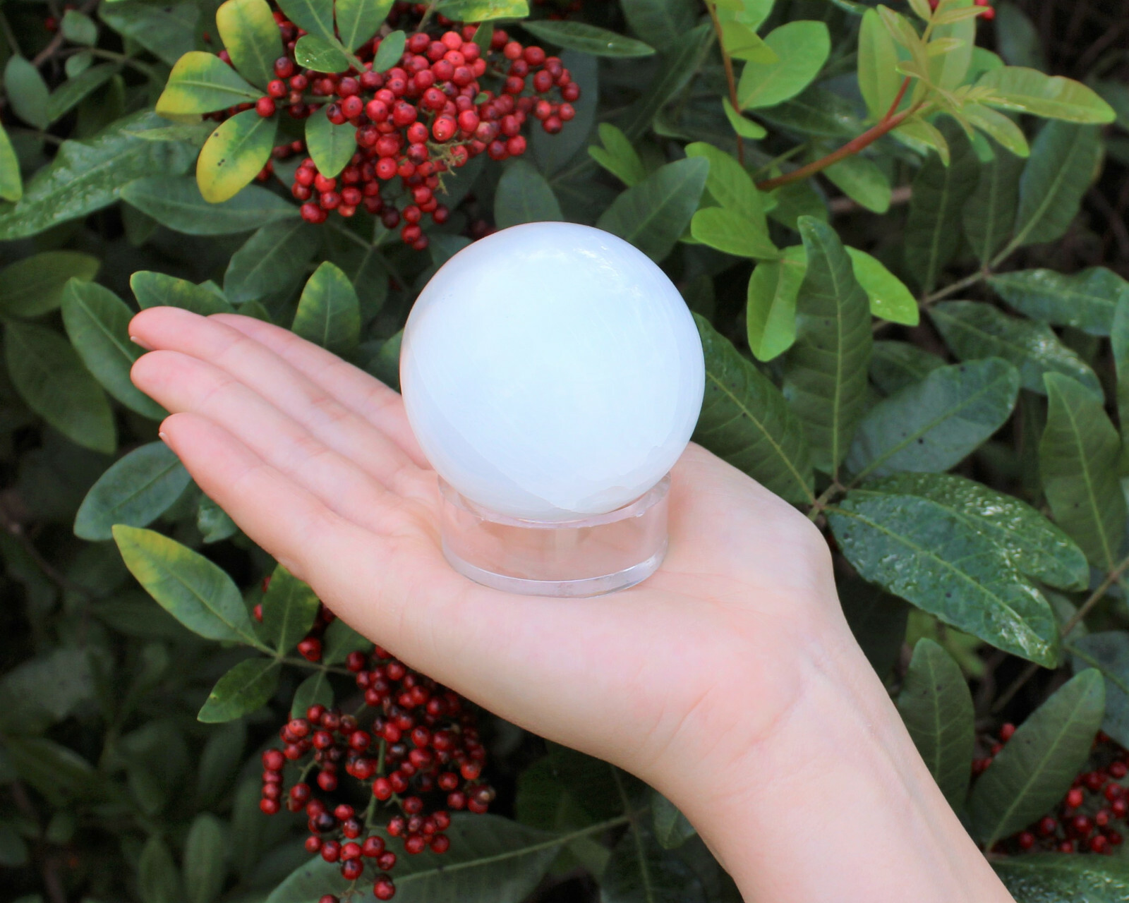 Selenite Crystal Sphere + Stand, LARGE 60 mm (Polished Selenite Crystal Healing)