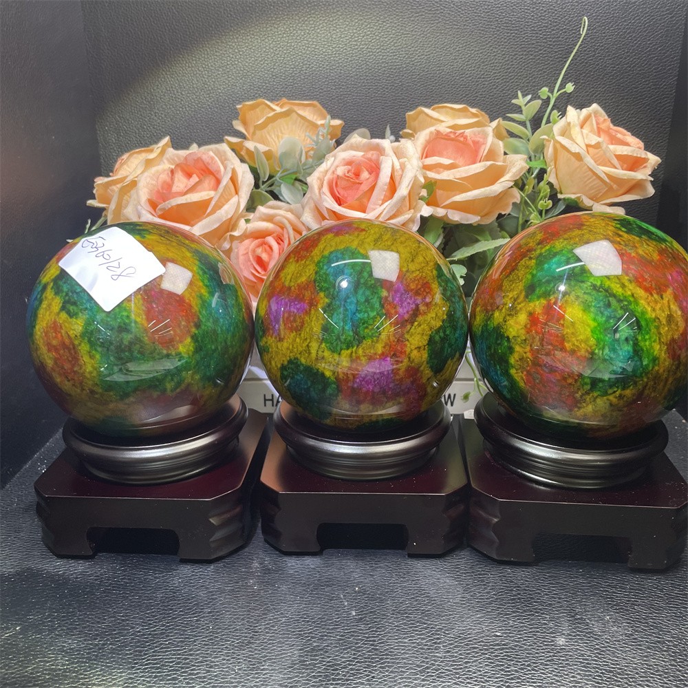 Random 1pc 3.8LB 3.8″Seven Color Stone Sphere Crystal Reiki Quartz Ball+Stand