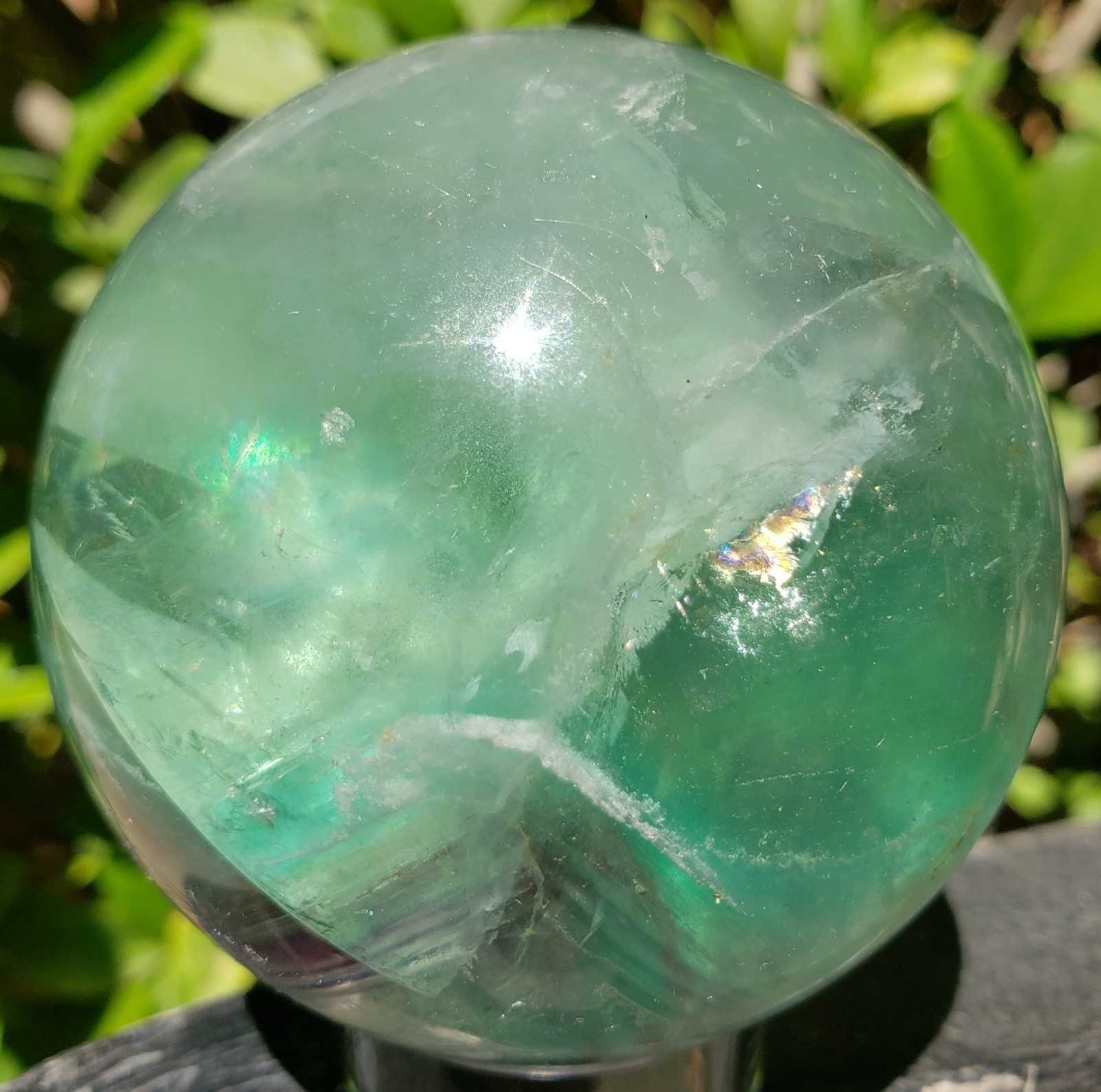 2.6″ Green and Purple Fluorite Quartz Crystal Sphere Ball Orb Rainbow UV, 488g
