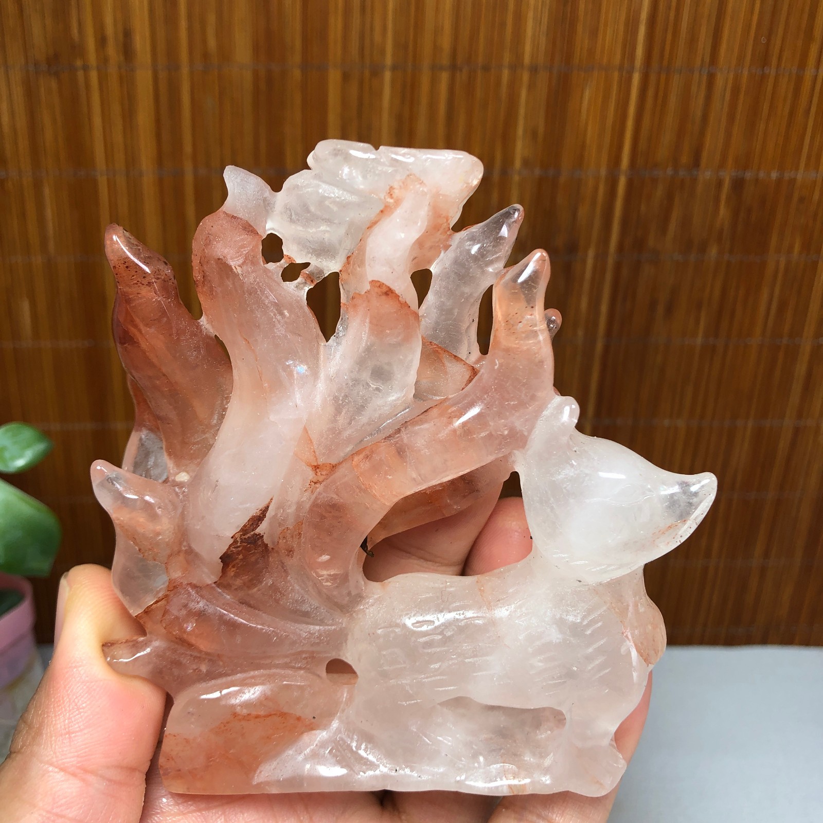 91mm Natural Red gum flower crystal carved Nine Tailed Fox specimens 175g A1799