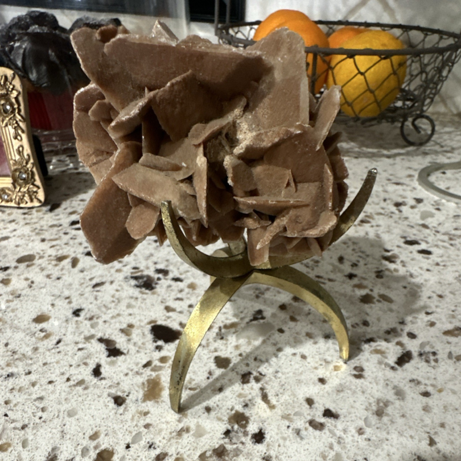 Desert Rose Selenite Gypsum Mineral Specimen on Display Stand