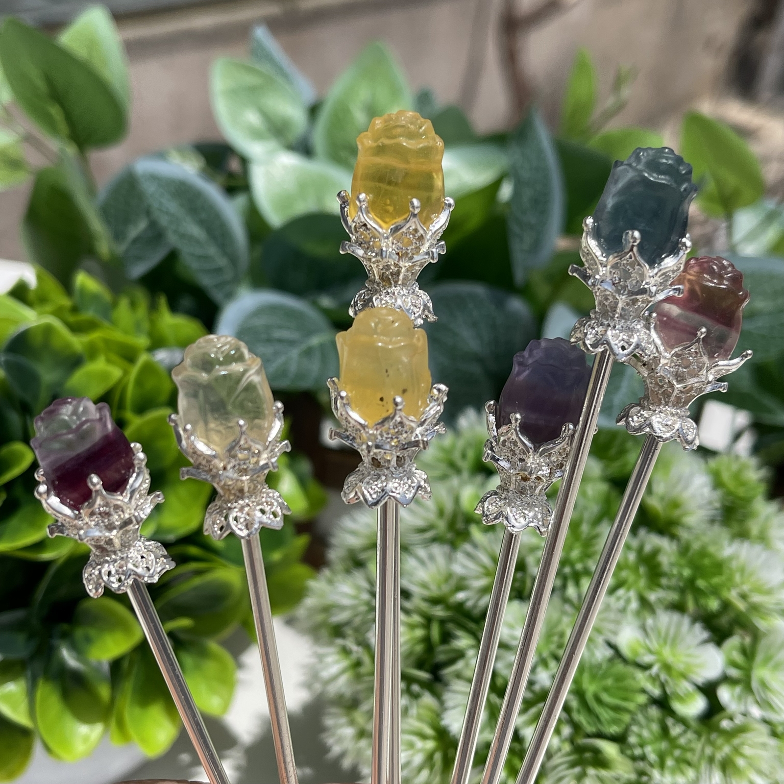 5pc Natural fluorite carved rose hairpin quartz crystal reiki healing random