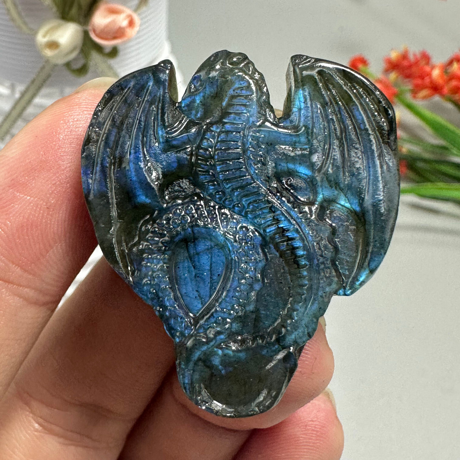 Natural Labradorite Carved dragon Quartz Skull Crystal Specimen Healing 1PC