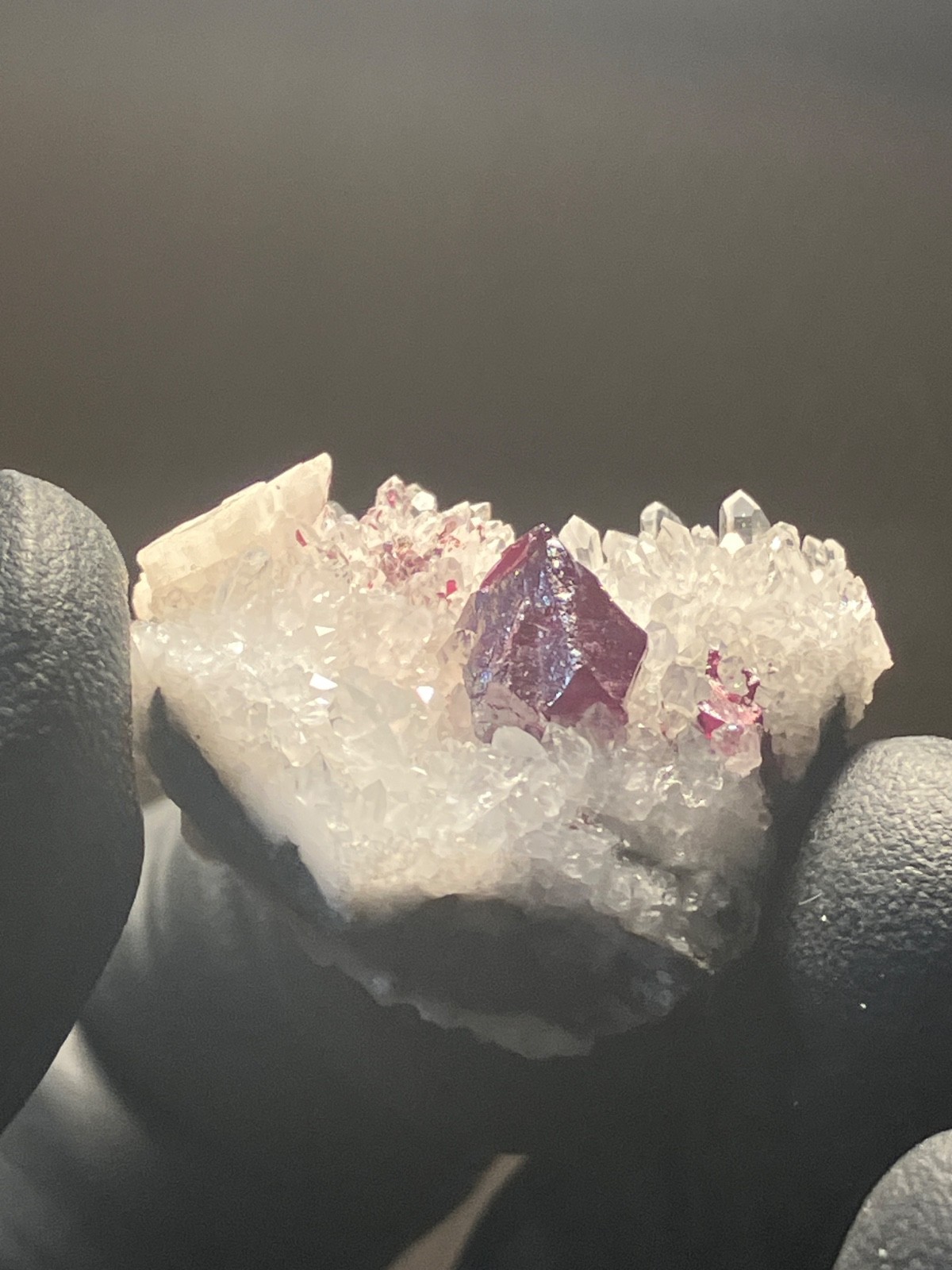 Pristine Cinnabar “drillbit” on Quartz, Calcite Tongren Mine Wanshan dist. China