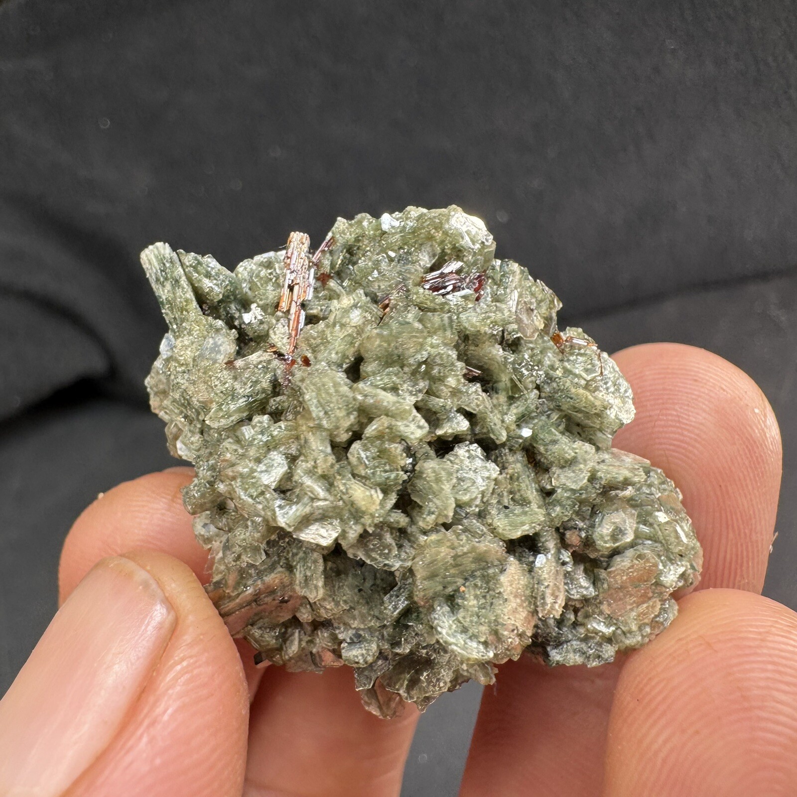 Lot of 4 Green Crystalized Mica Crystal Clusters with Rare Red Rutile Crystals