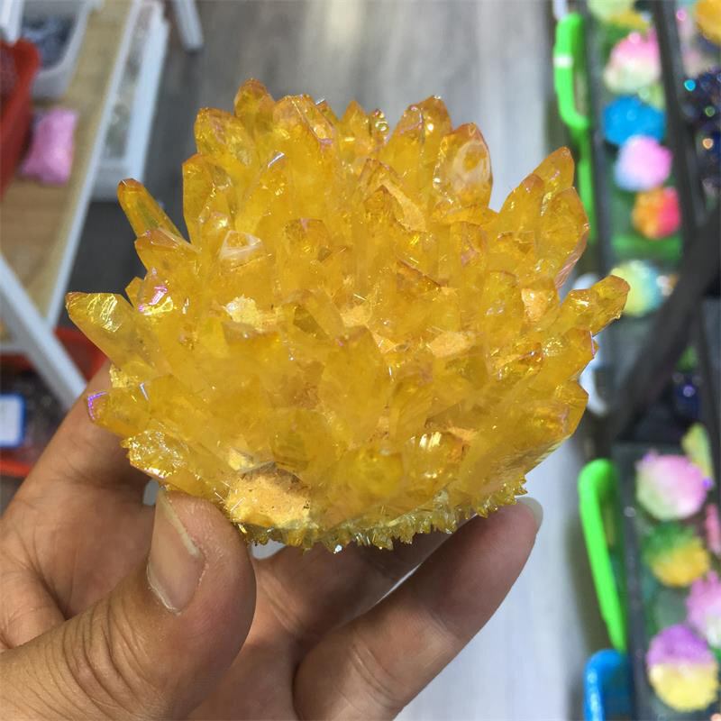 100g Natural Aura Yellow Quartz Crystal Cluster Titanium Ore Stone Energy Decor