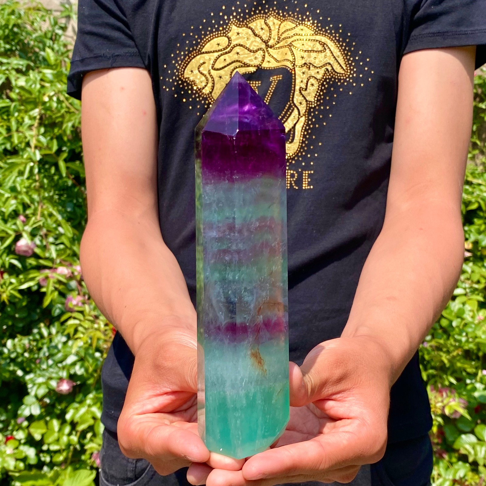 1.8LB Natural rainbow fluorite obelisk quartz crystal wand point Gem Healing