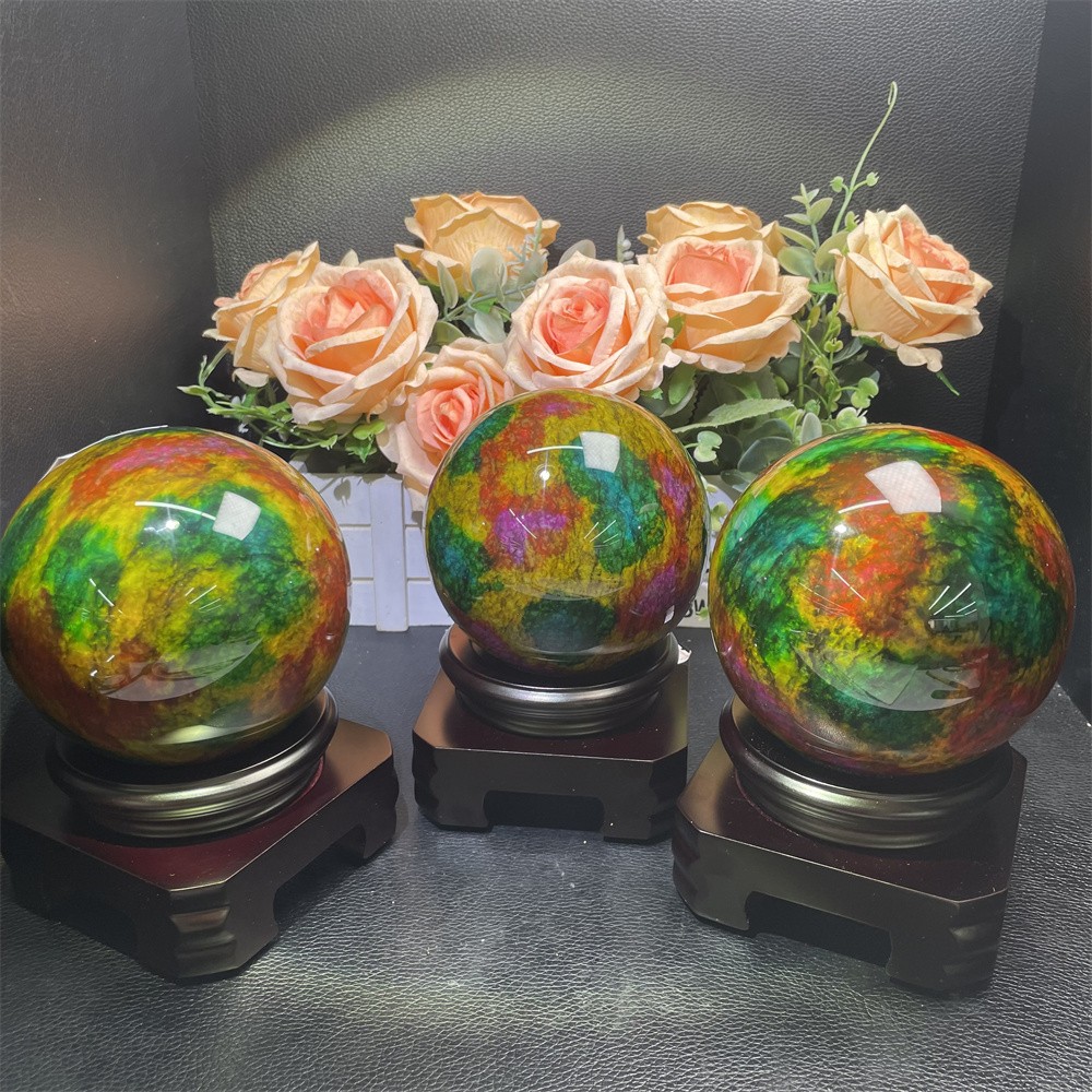 Random 1pc 3.8LB 3.8″Seven Color Stone Sphere Crystal Reiki Quartz Ball+Stand