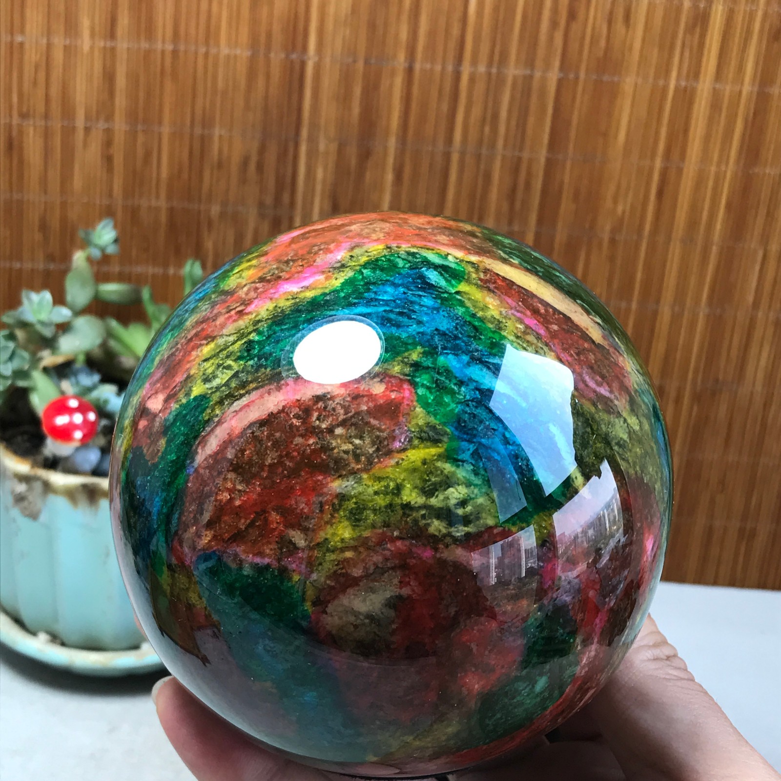 Natural “Seven Colors Jade” sphere Ball -Taiwan China 1.85kg Base Random A5808