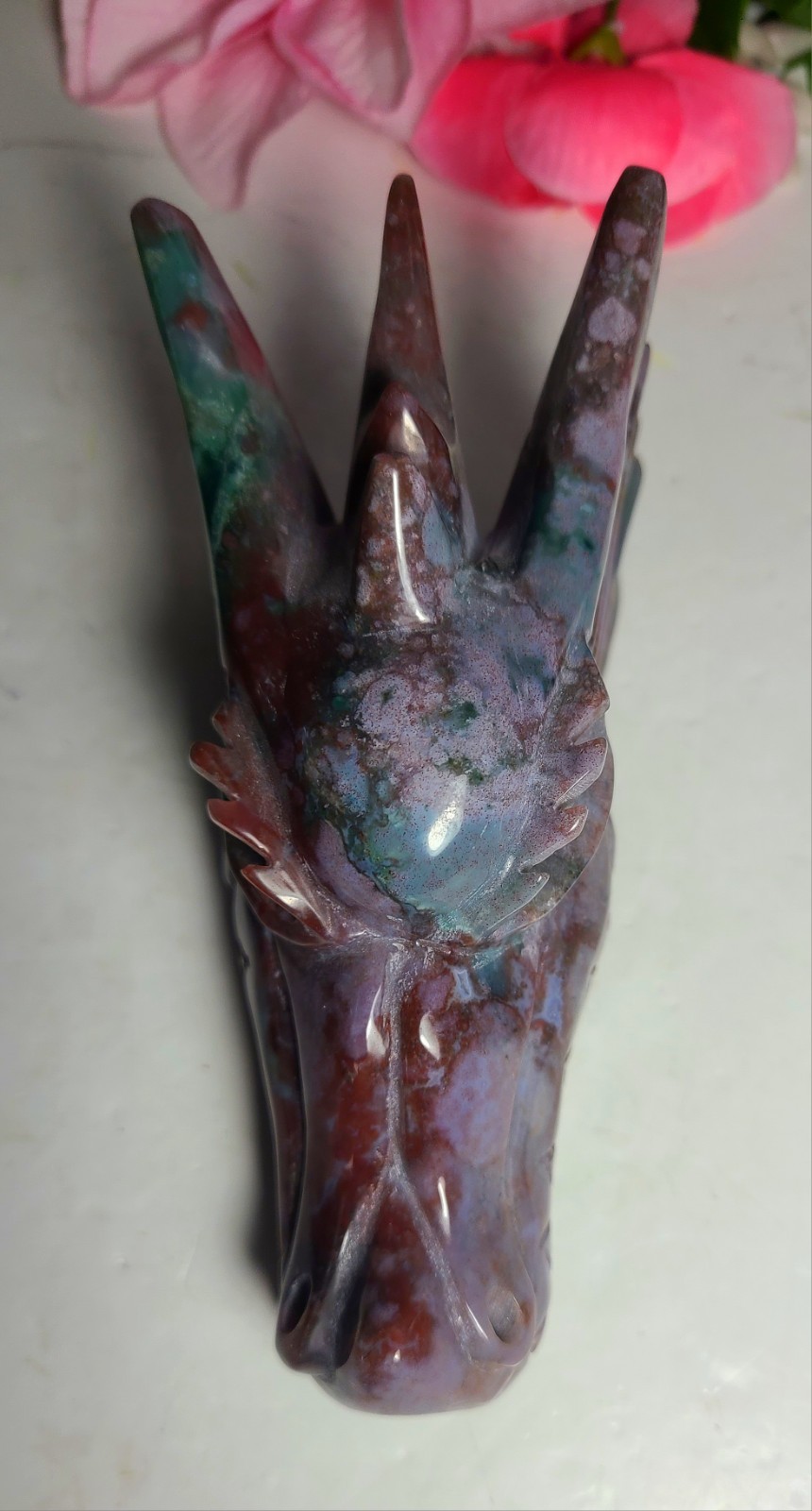 Large 5″ 435g Elegant A++ Ocean Jasper Dragon Head Skull Carving Stone Statue
