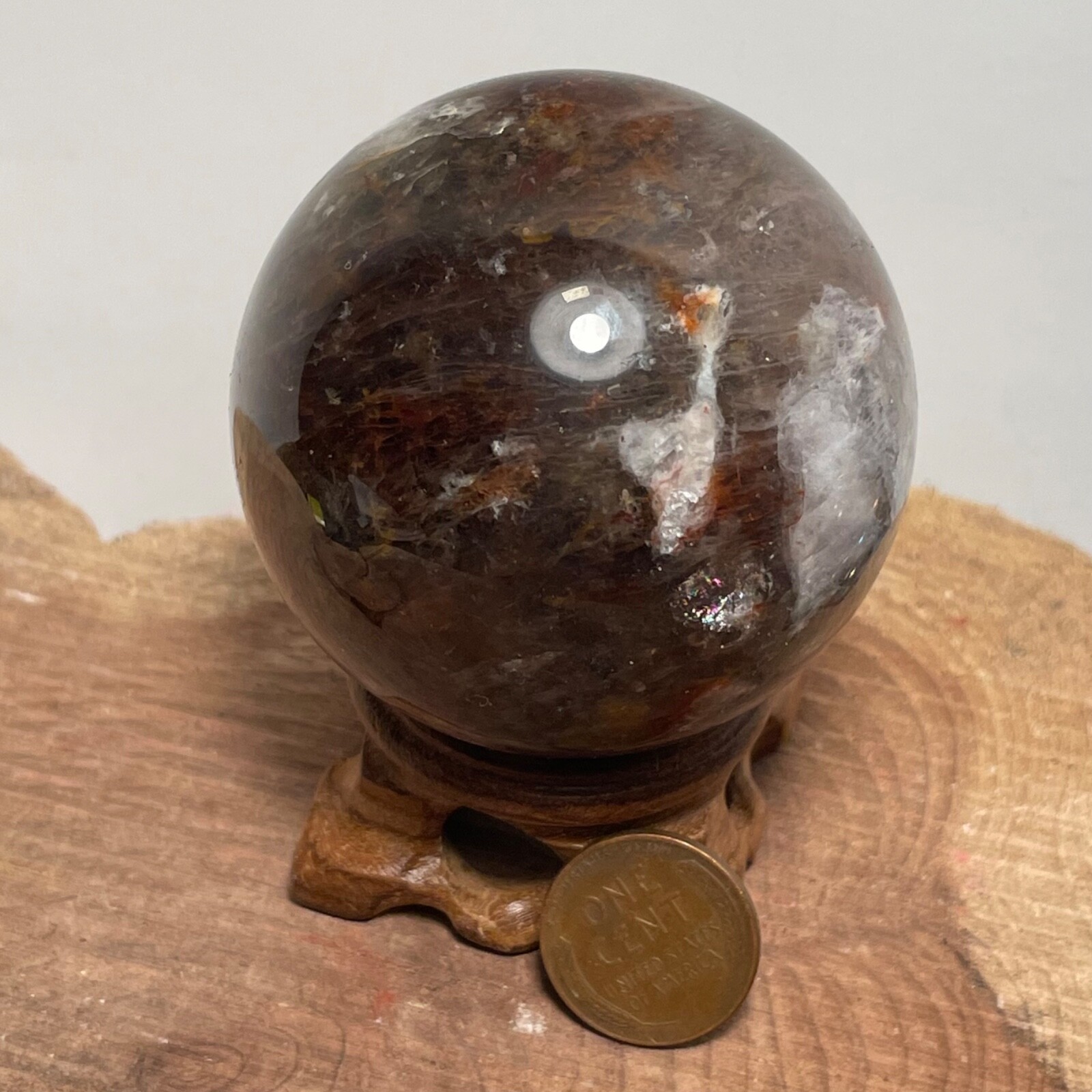 **No Stand** Quartz Sphere Rainbows Garden Hematoid Smoky 240 Grams