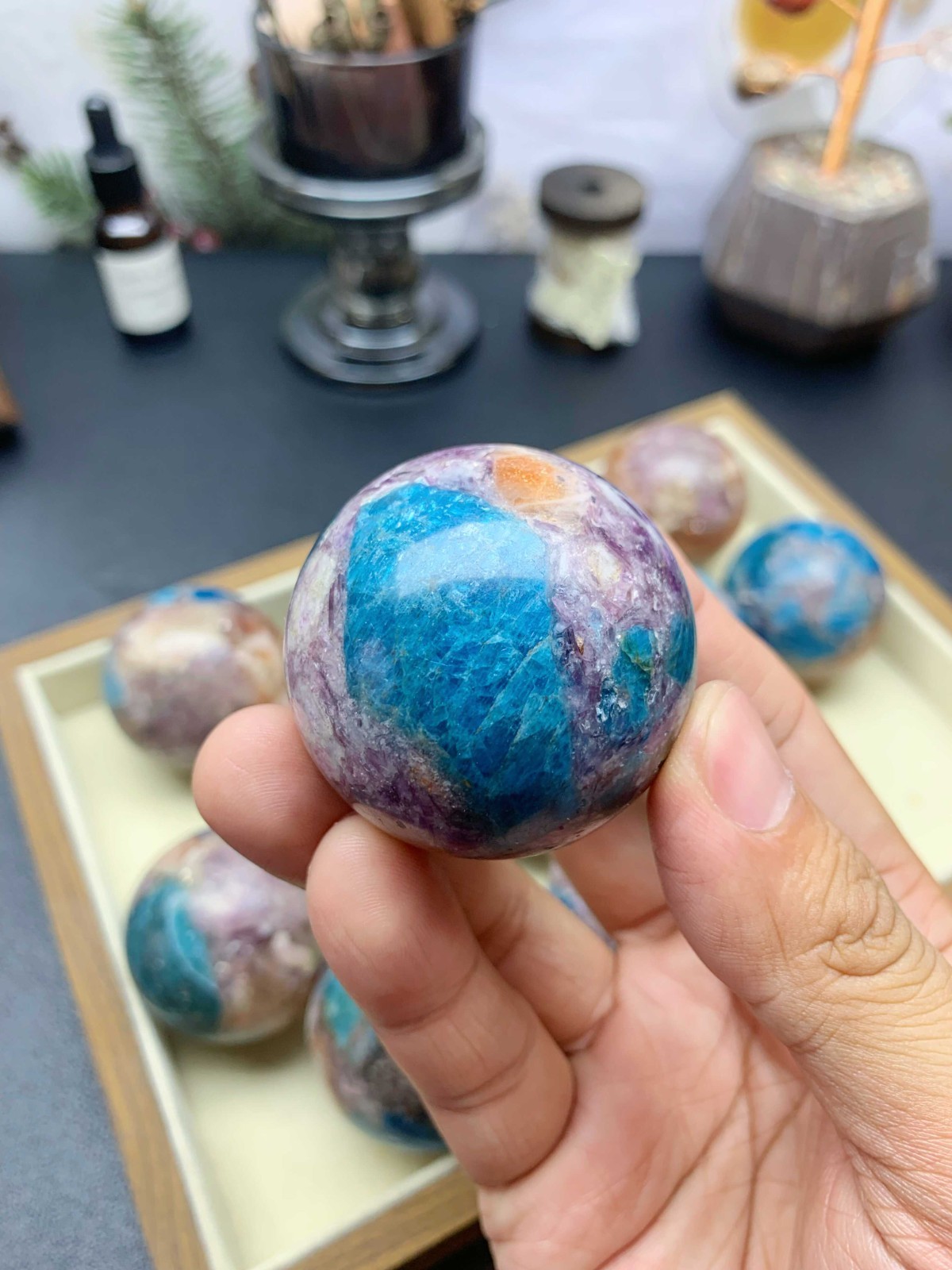 Composite Crystal Sphere 5cm, Apatite Sunstone Purple Mica with Wooden Stand