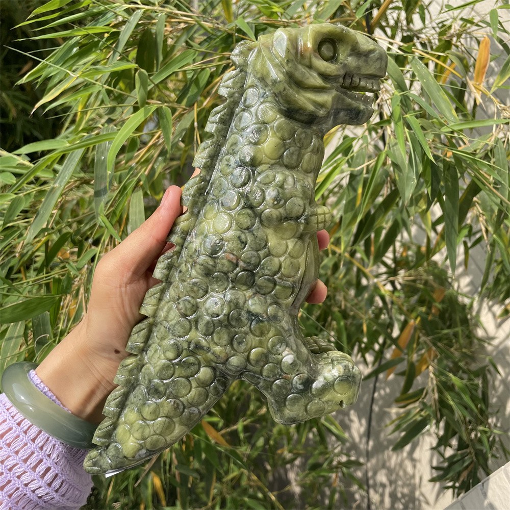 4.1LB 8.2″ Natural Xiuyan Jade Dinosaurs Figurine Quartz Crystal Reiki Carving