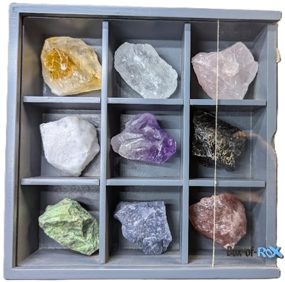 Set of Nine Crystals and Healing Stones Decorative Display Showcase