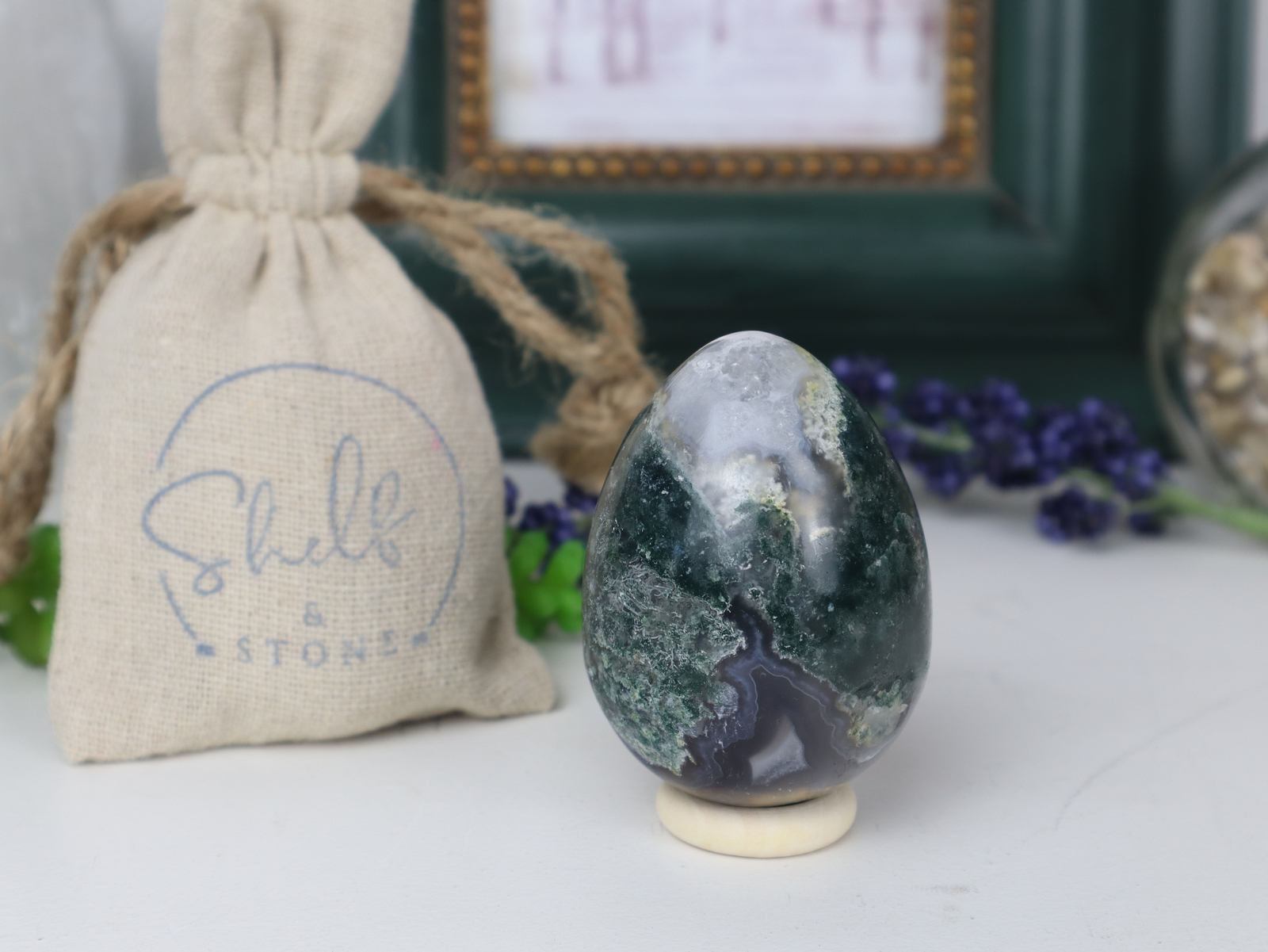 Moss Agate Egg 2.25 x 1.75 x 1.75 inches; 4.97 Ounces
