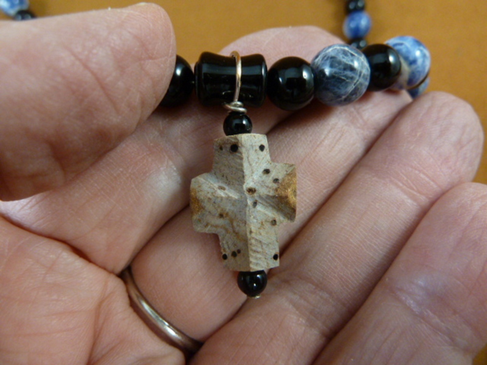 CR510-17 Fairy Stone CHRISTIAN CROSS Lucky Crystal 23″ Sodalite + onyx necklace