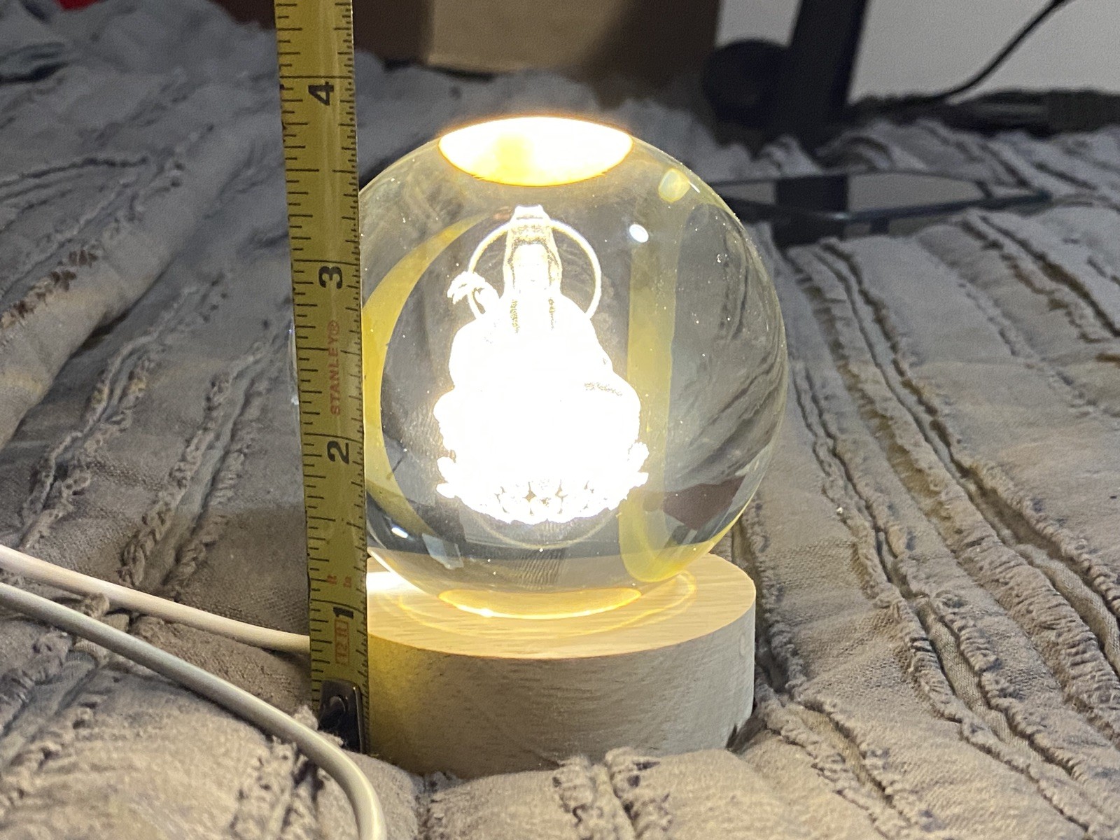 Kwan Yin Guanyin Crystal Ball Glass Sphere Laser Engraved With LED Light stand