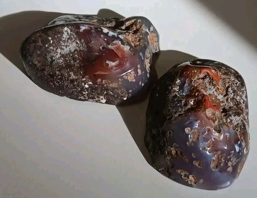 2 Matching Condor Agate Nodule Halves Glass Polish Blue/Grey Red Yellow Bands A+