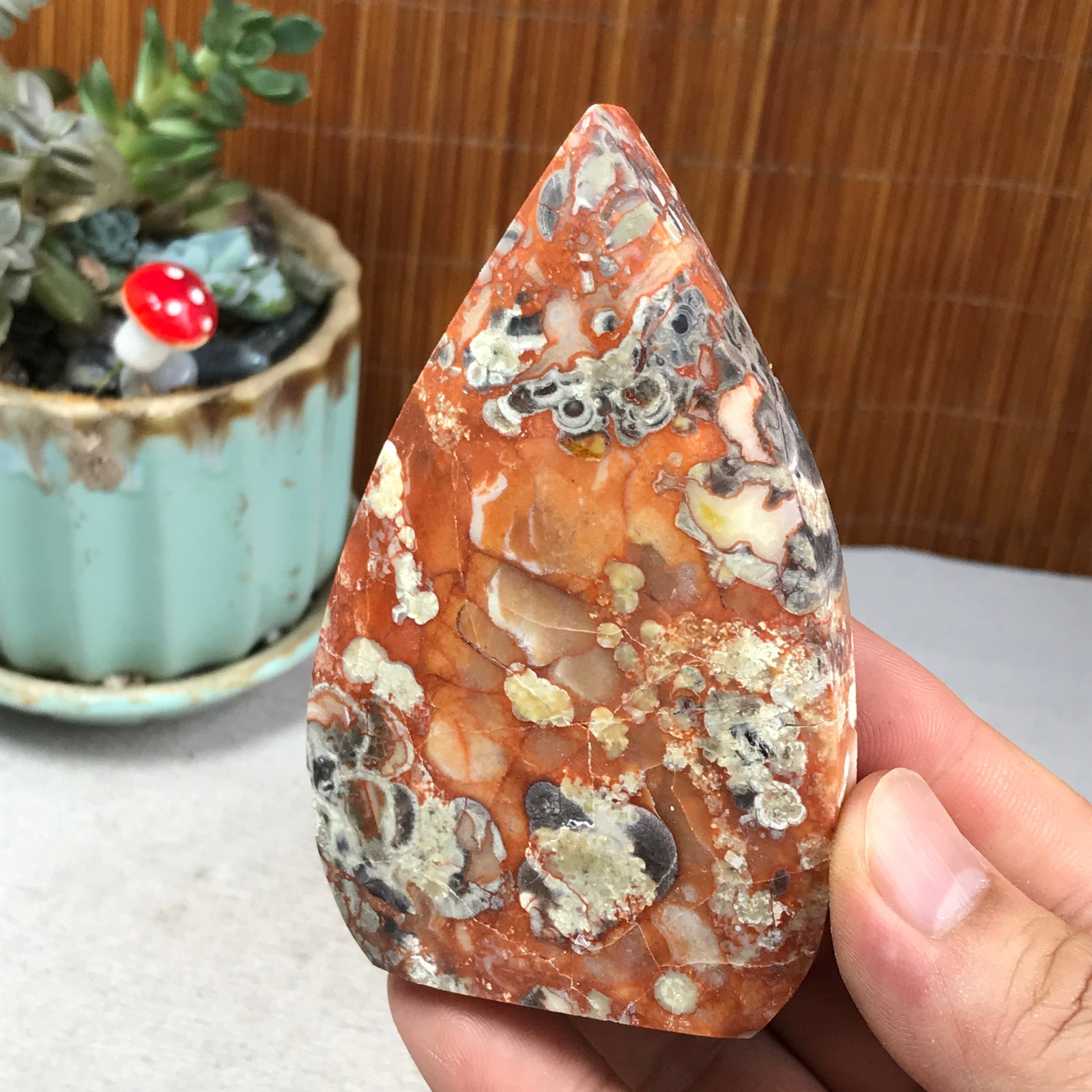 Natural money Mexico agate hand carve leaf Crystal Specimen free standing A6256